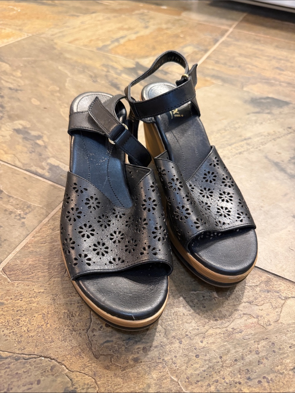 Flexi Black Perforated Wedge Sandals with Tan Platform